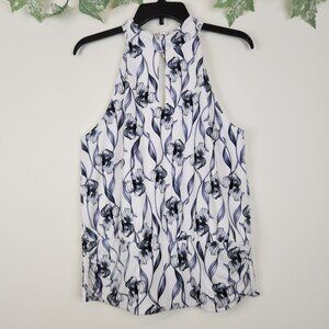 WHBM Floral Violet Gray off White Sleeveless Stretch Smocked Halter Top NWT